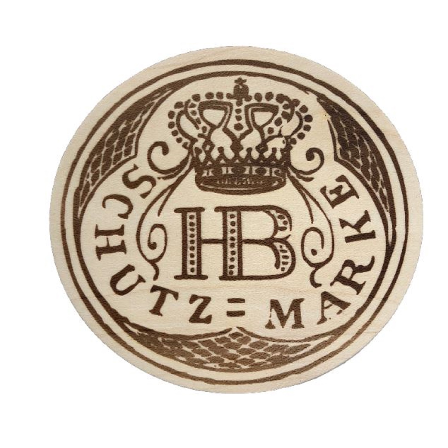 Runder Bierglasdeckel aus Holz mit eingraviertem HB-Logo, Krone und der Aufschrift 'Schutzmarke