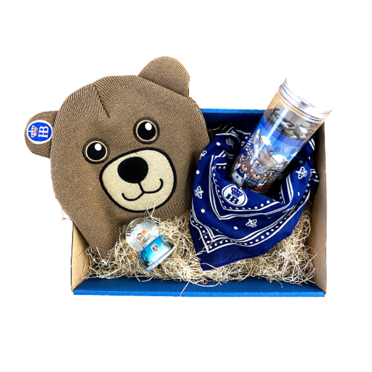 Geschenkpaket Franzl vom Hofbräuhaus München mit Bären-Mütze, blauem Bandana mit HB-Logo, Thermobecher mit Hofbräuhaus-Motiv und Schneekugel
