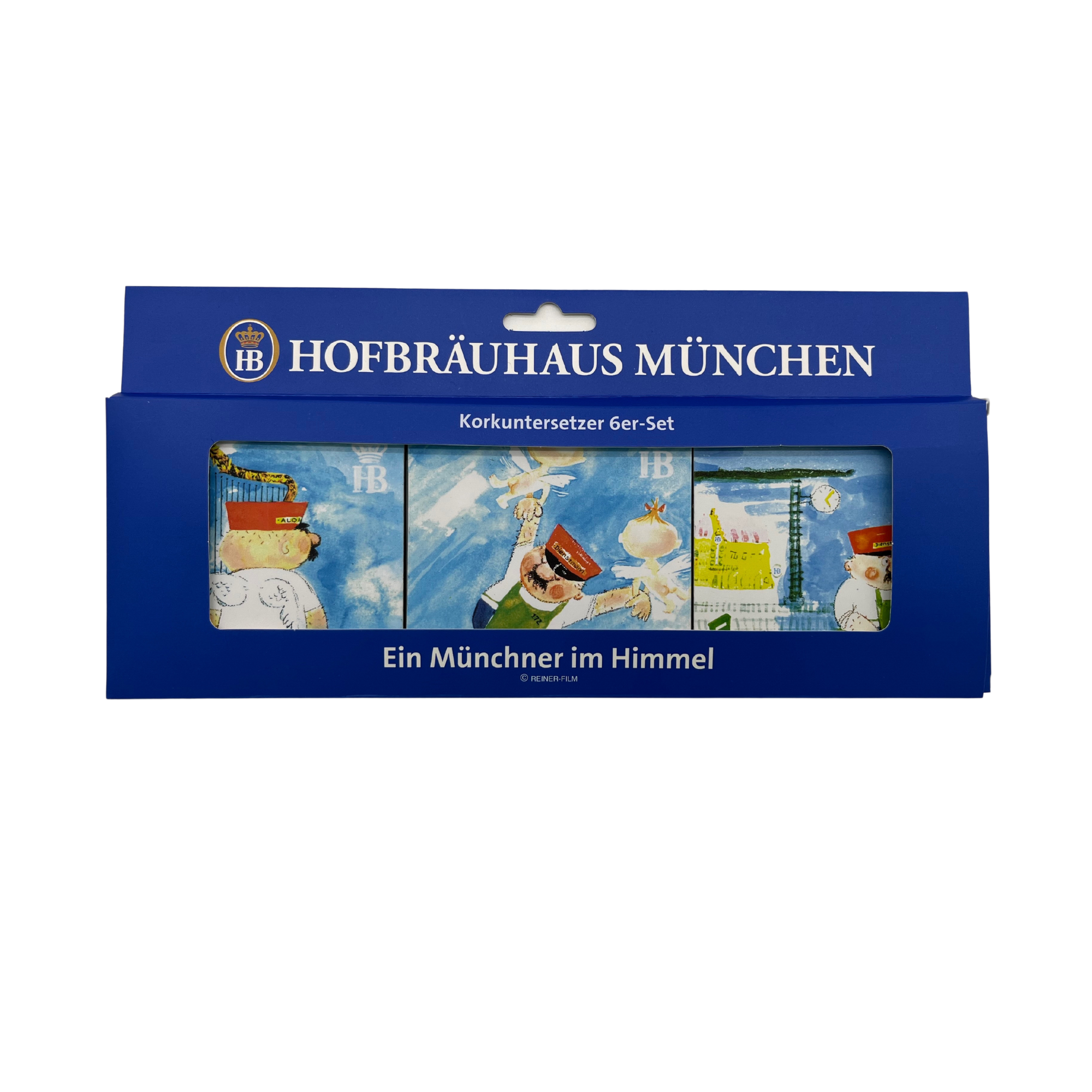 „Verpackung eines 6er-Sets Korkuntersetzer mit dem Titel ‚Aloisius‘. Die Verpackung ist blau und trägt oben den Schriftzug ‚HOFBRÄUHAUS MÜNCHEN‘. Darunter steht ‚Korkuntersetzer 6er-Set‘ sowie am unteren Rand ‚Ein Münchner im Himmel‘.