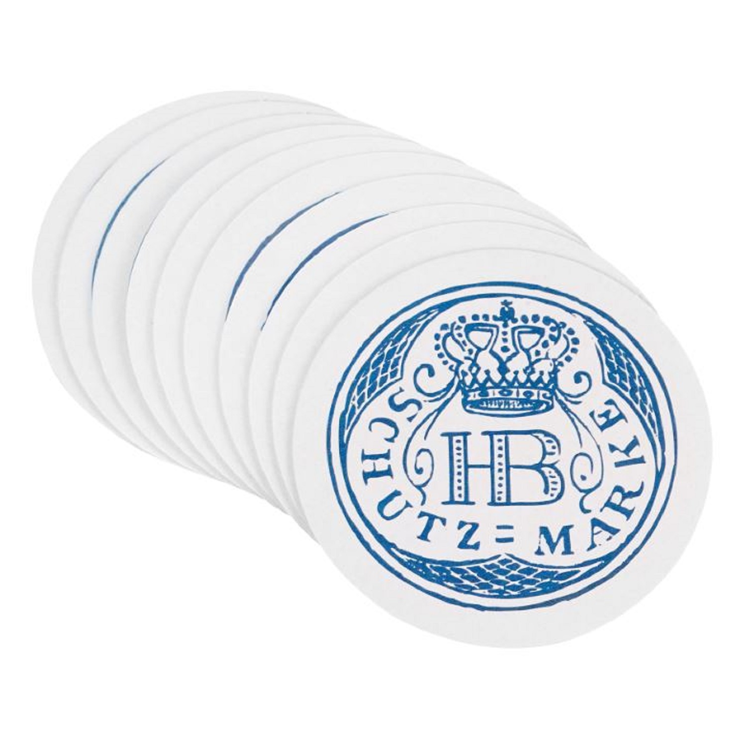 Stapelsatz runder HB-Bierdeckel mit blauem Schutzmarke-Logo und Krone, traditionelles Hofbräuhaus München Design.