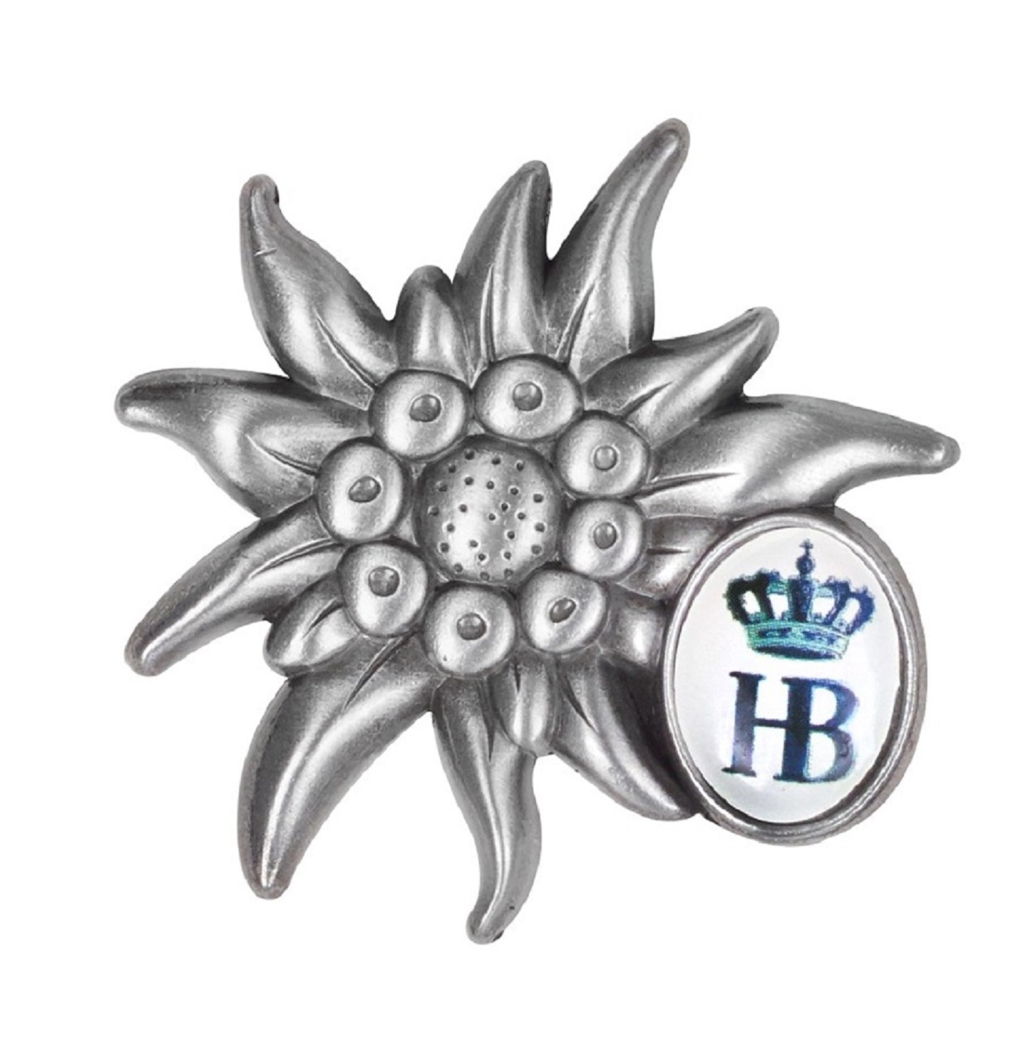 Metallbrosche in Form einer Edelweiß-Blüte mit eingearbeitetem Hofbräuhaus-Logo (Krone und HB-Schriftzug)