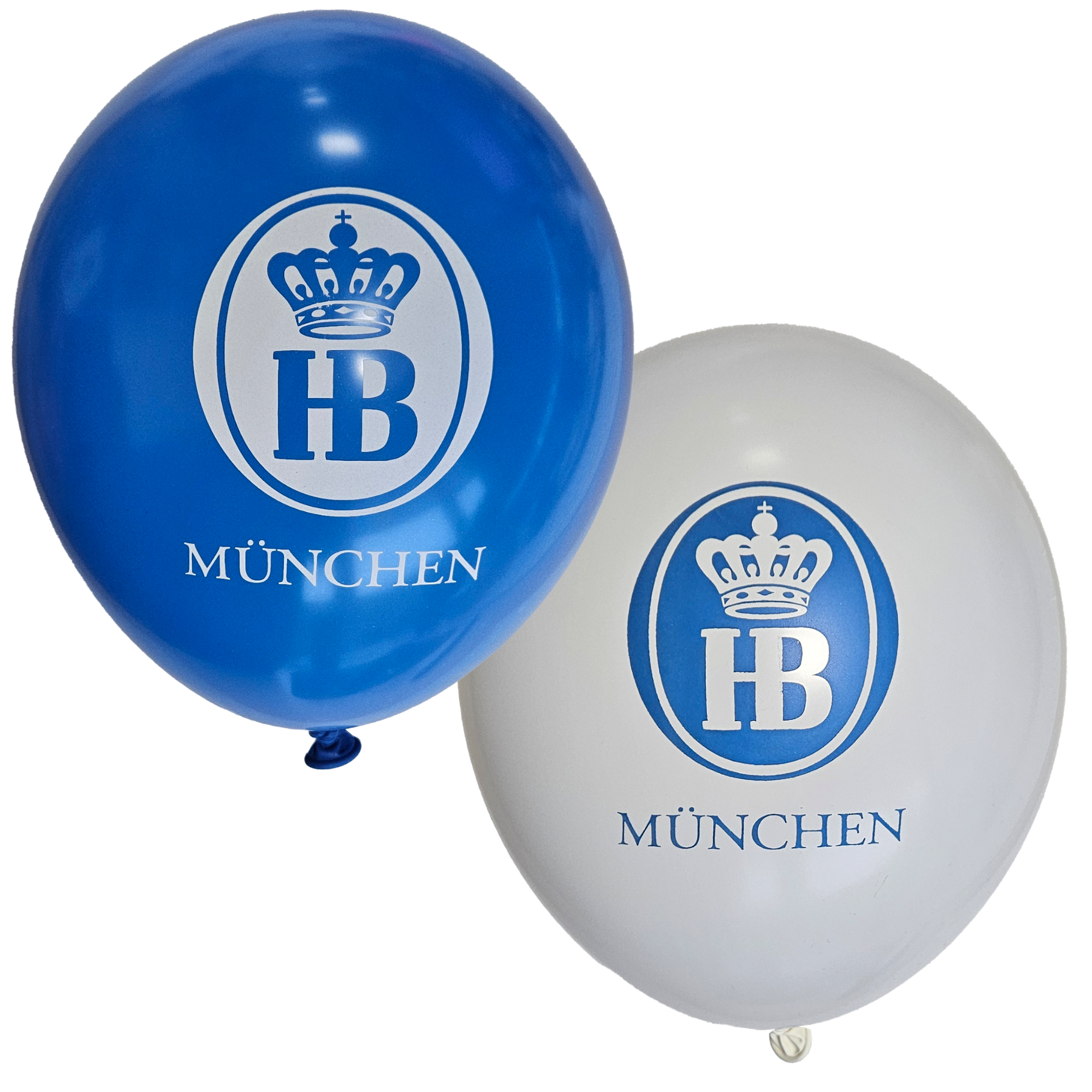 Zwei Luftballons in Blau und Weiß mit HB-Logo und Aufschrift 'München
