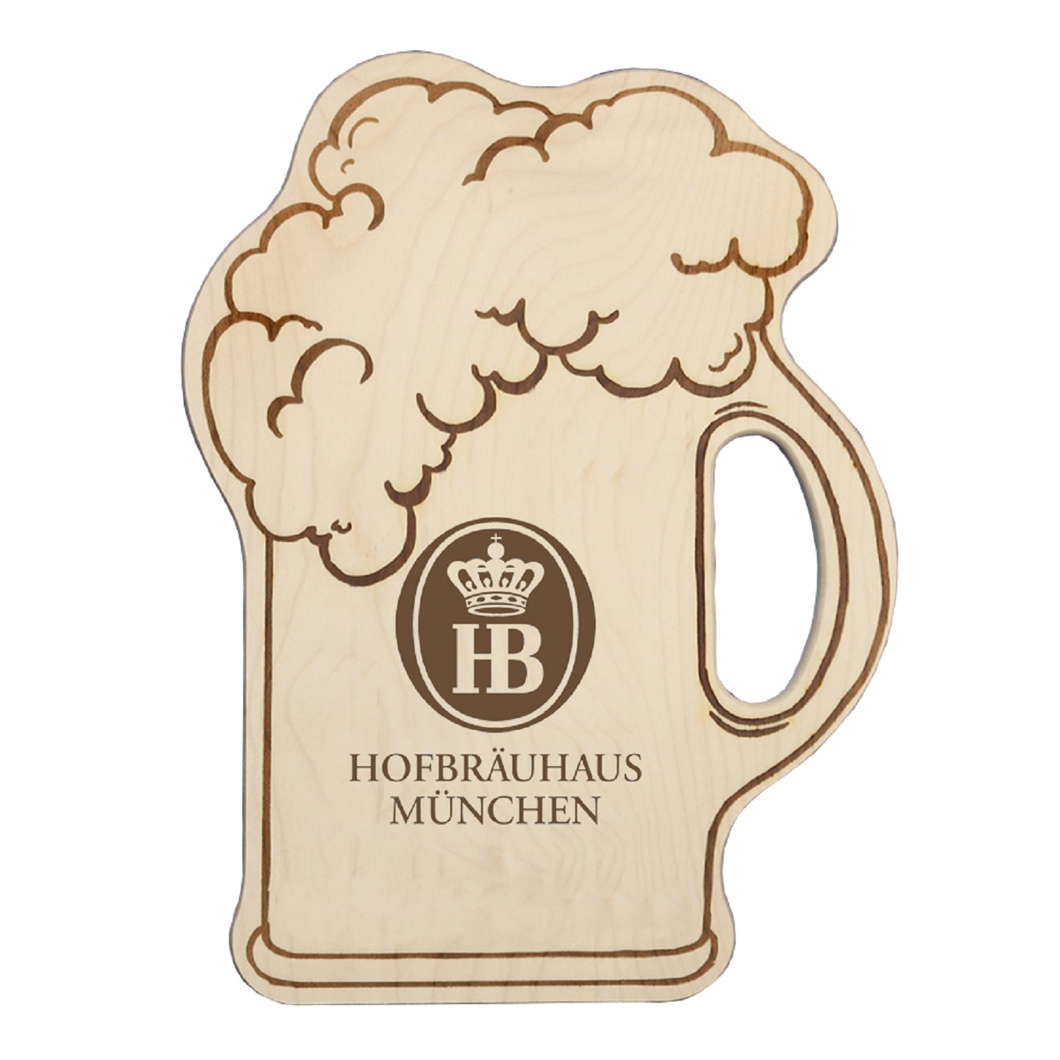 Holzbrett in Maßkrugform mit Hofbräuhaus München Logo 