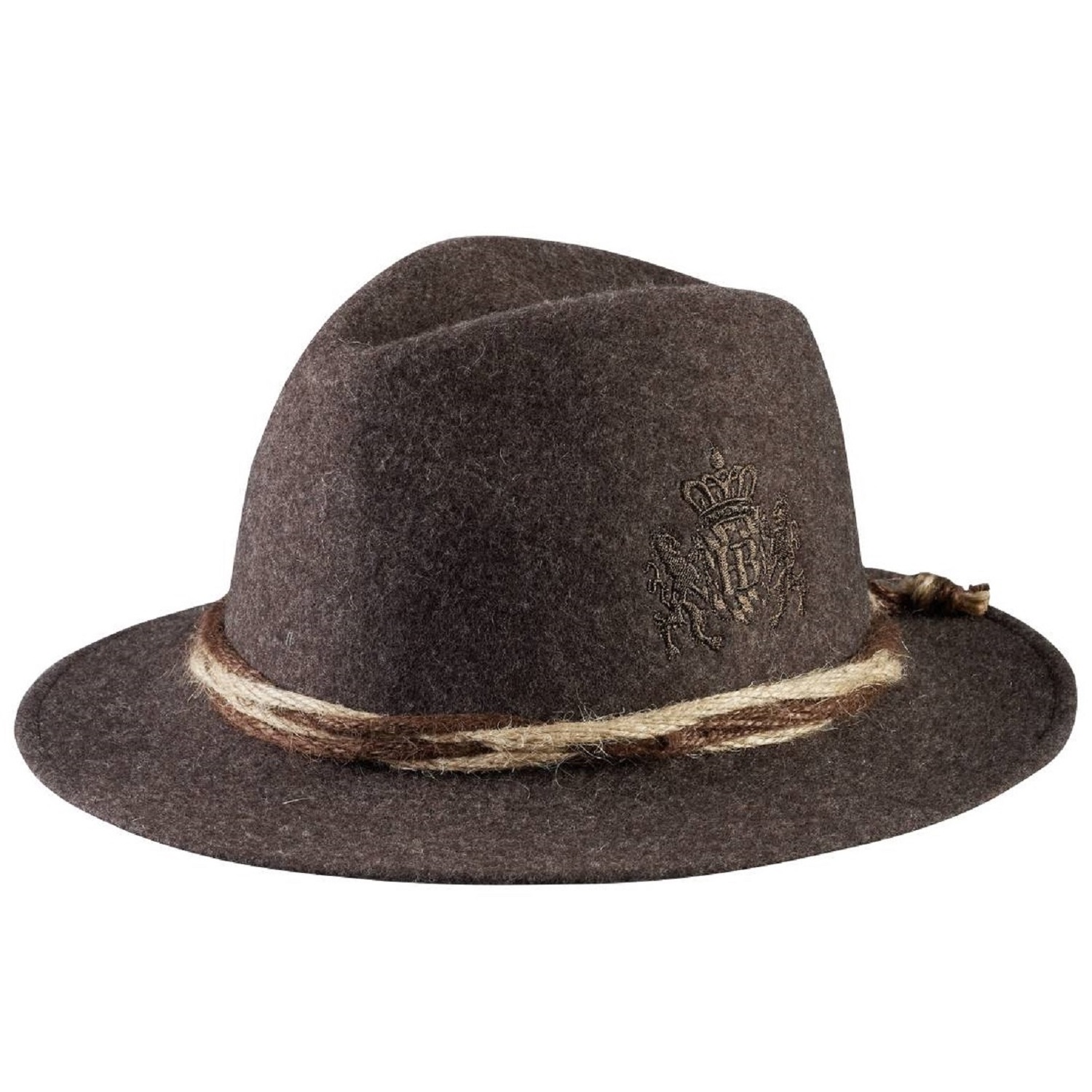 Brauner Trachtenhut Altmünchner aus Filz mit Kordelband und dezentem HB-Wappenstick