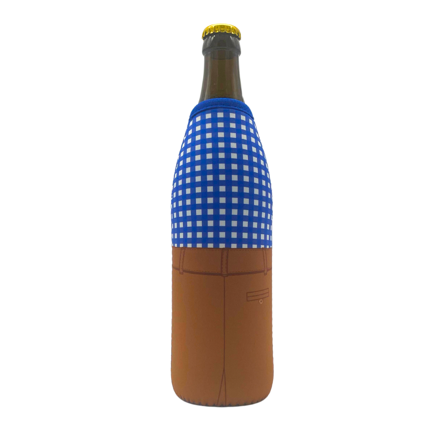 Bierflasche mit einem blau-weiß karierten Bierkühler in Lederhosen-Optik.