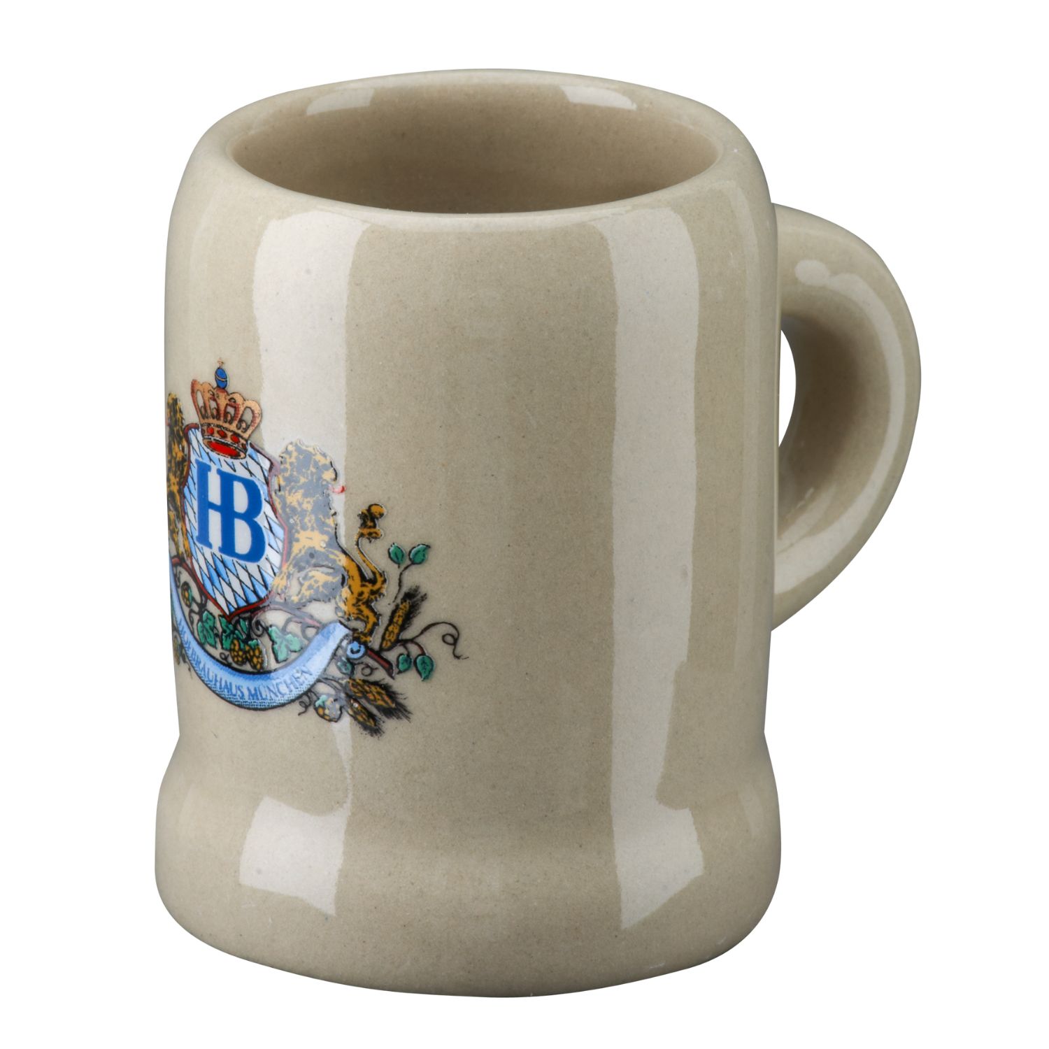 HB Stamperl mit Löwendekor, kleiner Steinkrug mit Wappenmotiv und Hofbräuhaus München Logo Seitlicher Ansicht