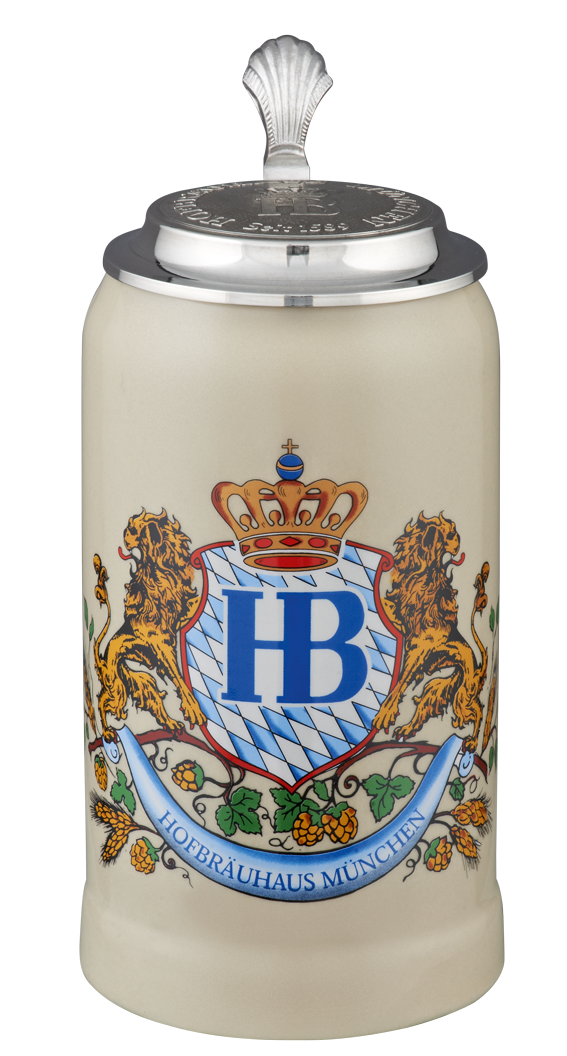 Hofbräuhaus Steinkrug 1 Liter mit Löwendekor, bayerischem Rautenmuster und Zinndeckel, Vorderansicht